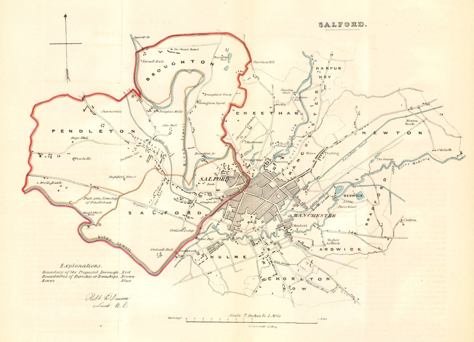SALFORD borough/town plan. REFORM ACT. Manchester Hulme Ardwick. DAWSON 1832 map